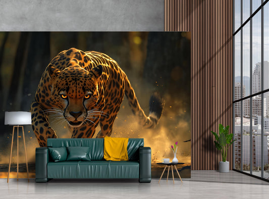 Fierce Leopard Jungle Wall Mural – Large Wild Cat Art for Living Room – Jungle Predator Wallpaper for Home Decor Vn541