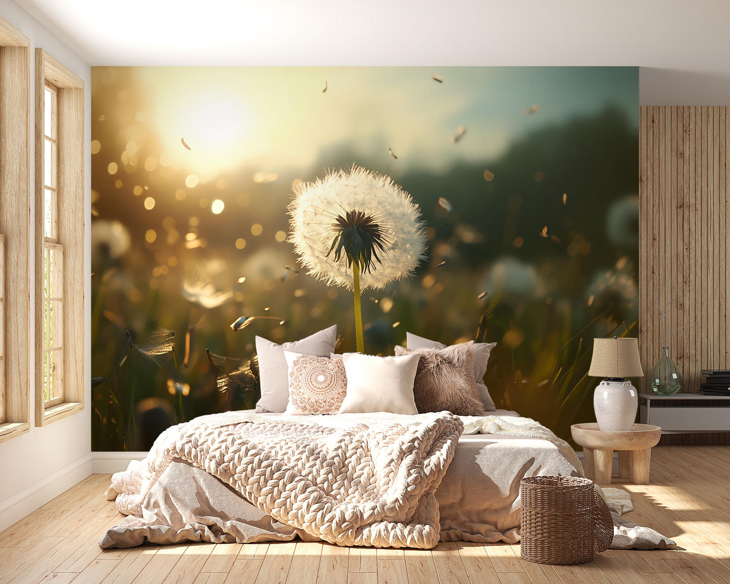 Dandelion Field Wall Mural – Nature Bedroom Wallpaper – Botanical Decor for Accent Walls Vn567