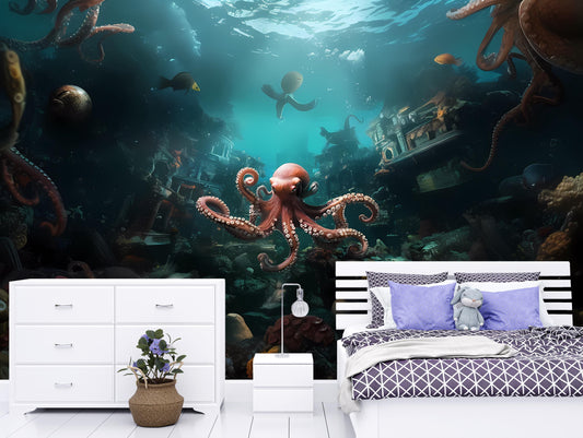Underwater Octopus Wall Mural | Ocean Scene Bedroom Decor | Nautical Sea Life Art Print for Home Interiors Vn009