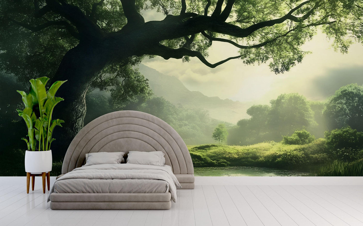 Tranquil Forest Wall Mural – Serene Green Landscape Nature Wallpaper Vn825