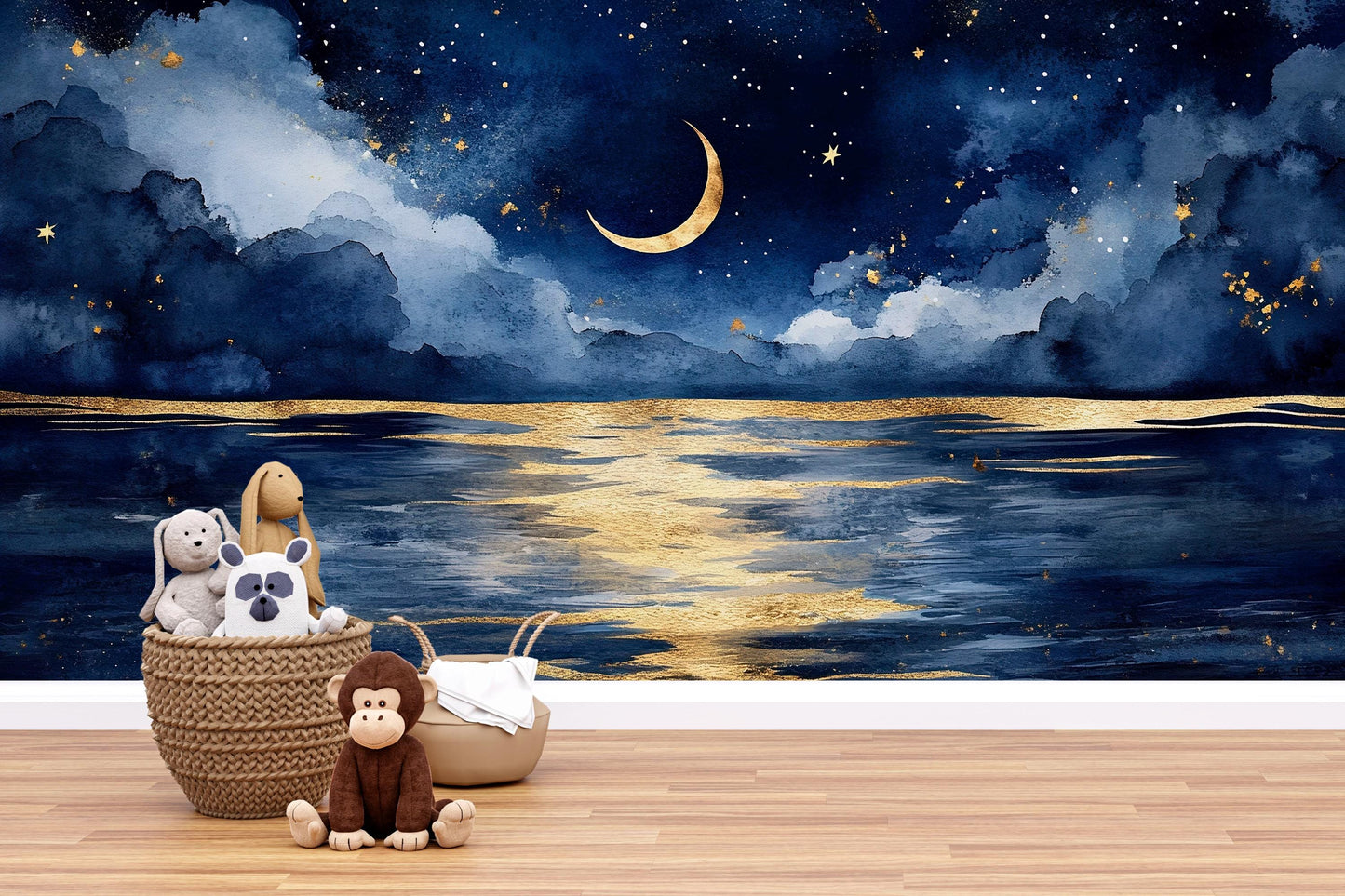Moonlit Sea Wall Mural – Night Sky Nursery Wallpaper, Dreamy Crescent Moon Accent Wall for Kids Room or Bedroom Vn857