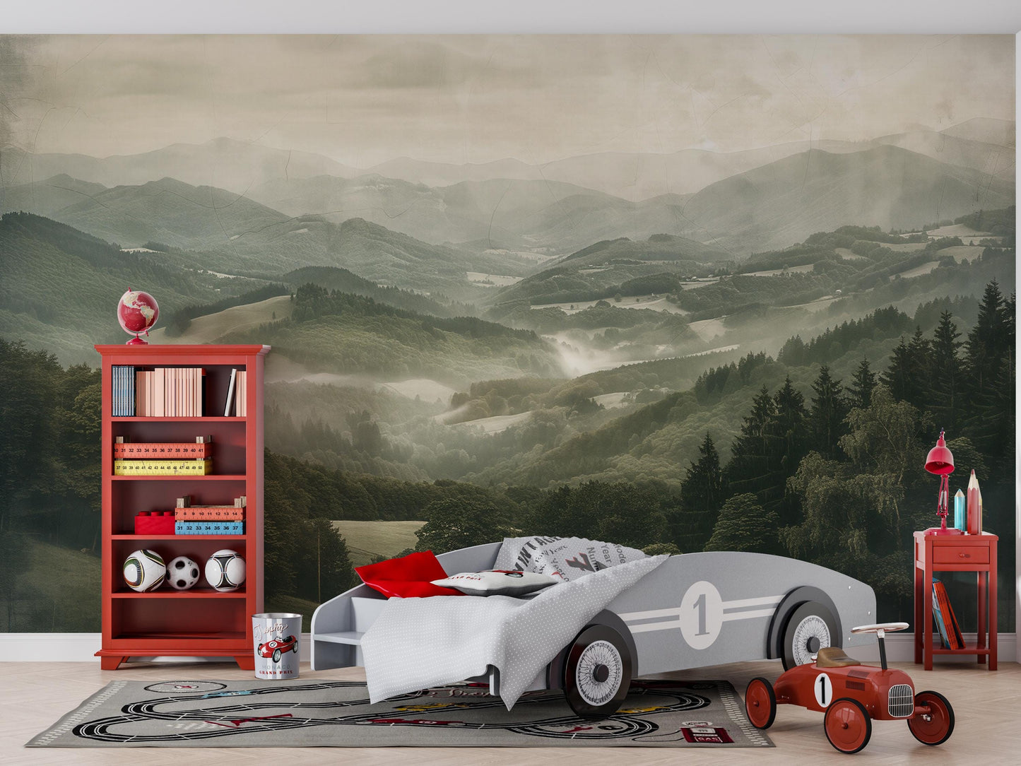 Forest Valley Wall Mural – Misty Mountain Landscape Wallpaper for Living Room or Kids Room Vn1056