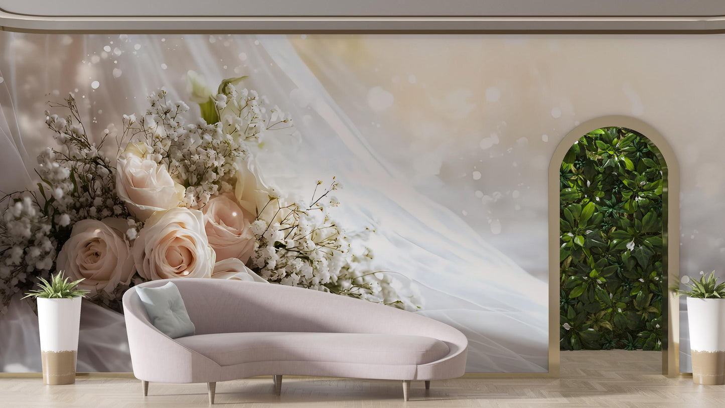 Elegant White Rose Wedding Backdrop - Floral Greenery Photo Wall - Romantic Bridal Shower Decor - Large Flower Wall Mural Vn508