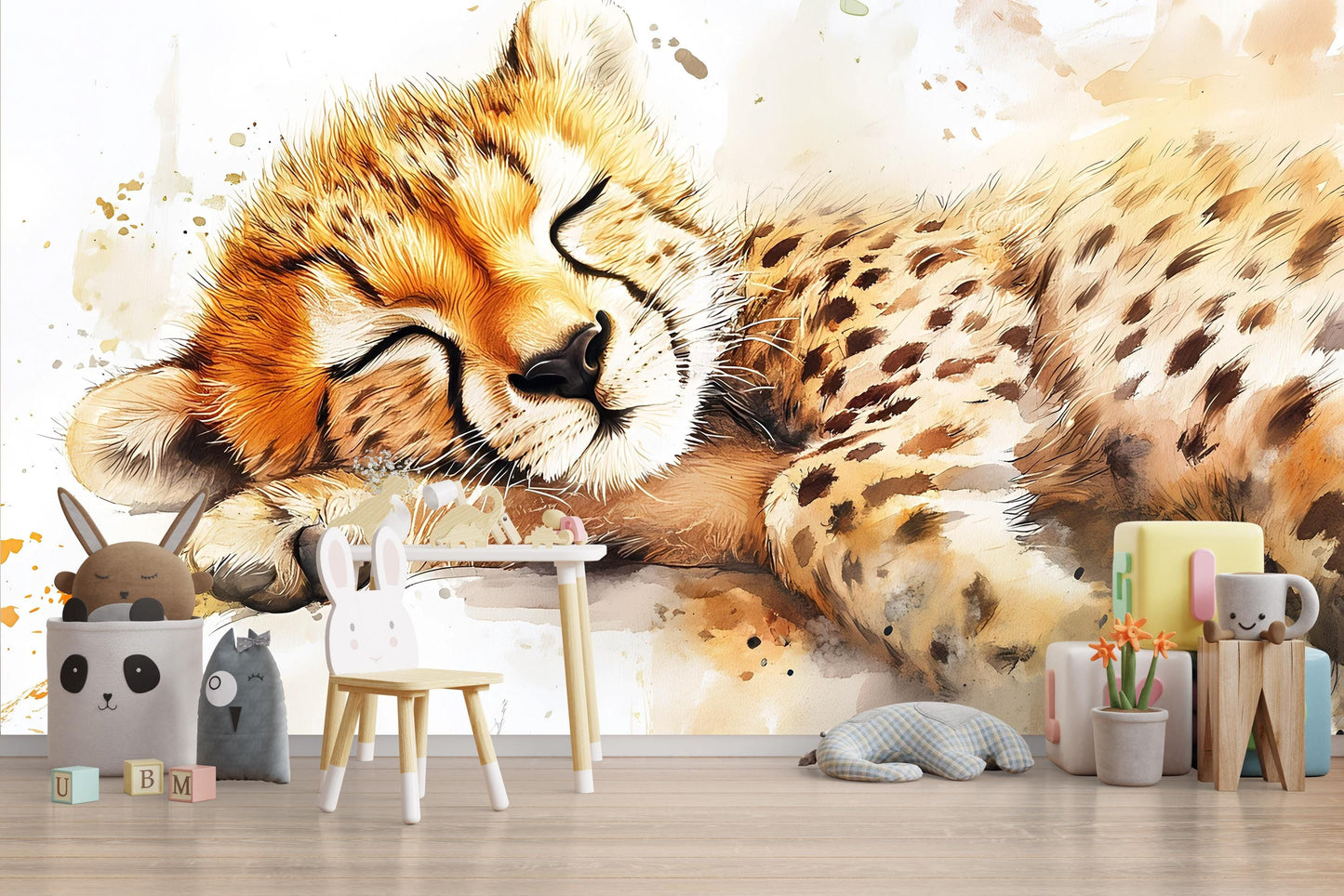 Sleeping Cheetah Cub Wall Mural for Kids Room | Jungle Safari Nursery Art | Wildlife Animal Wall Decor | Large Cheetah Wallpaper Vn535