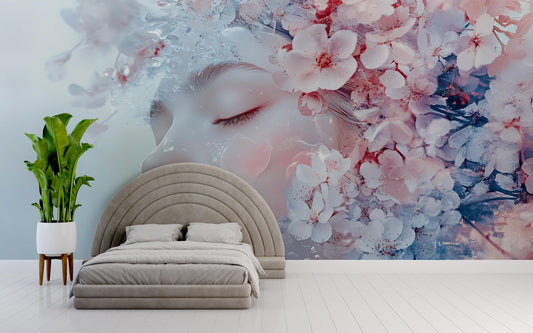 Floral Dream Face Wall Mural – Soft Feminine Art Mural for Bedroom or Studio, Cherry Blossom Fantasy Aesthetic Wall Decor Vn264