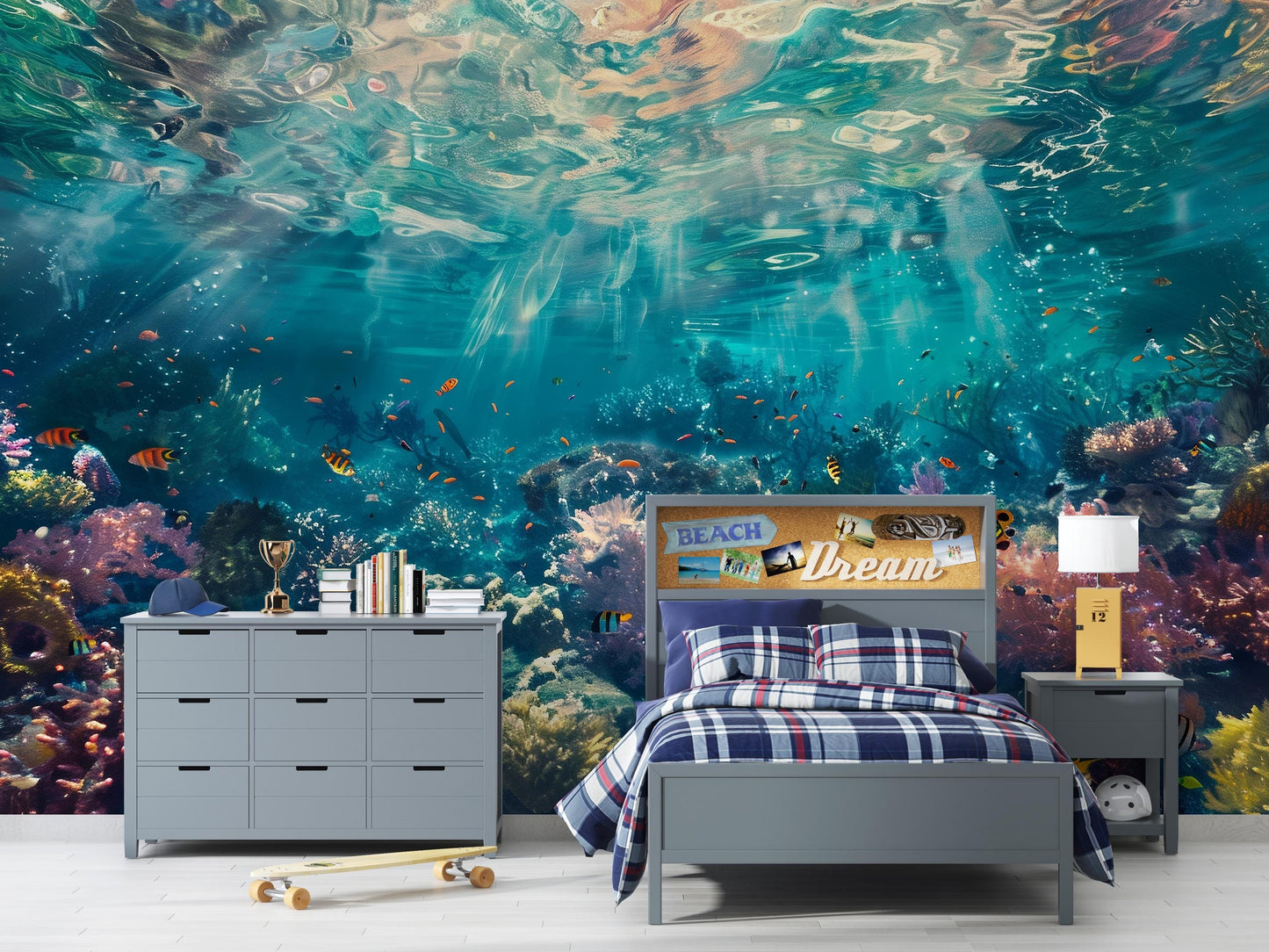 Underwater Ocean Wall Mural – Coral Reef & Fish Wallpaper, Kids Room Sea Life Accent Wall Decor for Bedroom or Playroom Vn1065