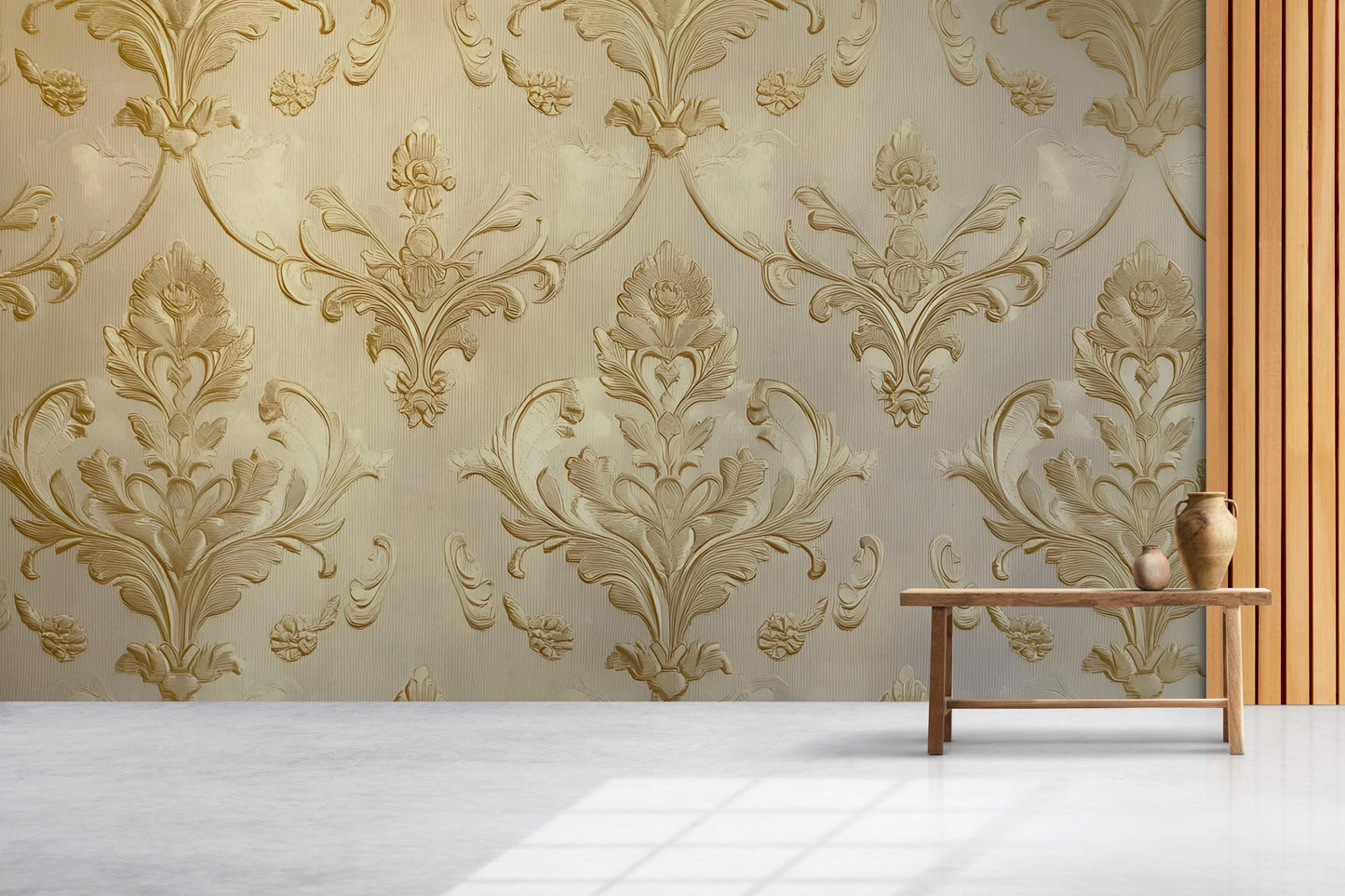 Luxury Gold Baroque Wallpaper – Elegant 3D Textured Damask Wall Mural for Living Room, Bedroom, or Office Vn631