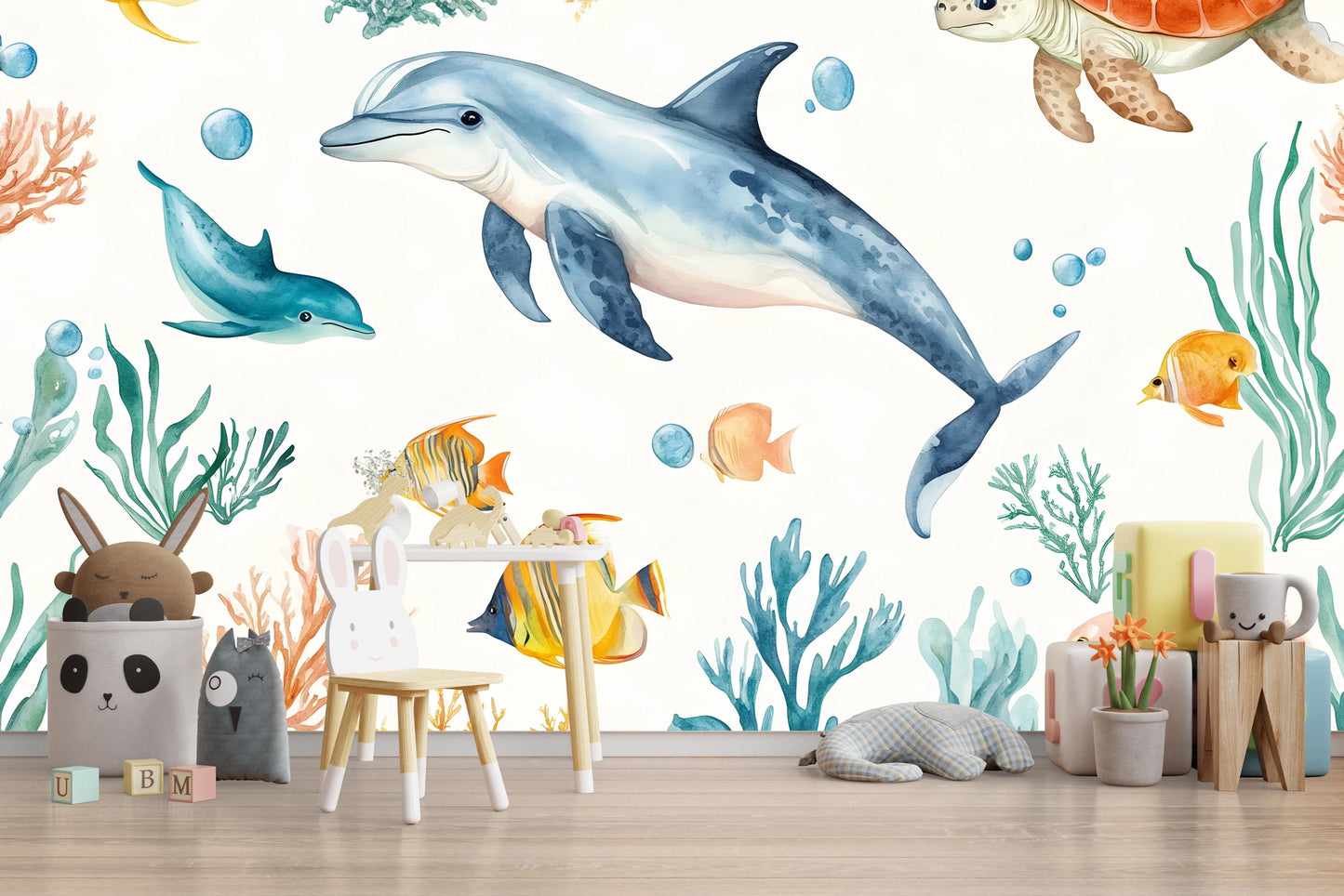 Dolphin Wall Mural – Ocean Nursery Wallpaper with Sea Turtle & Tropical Fish Vn986