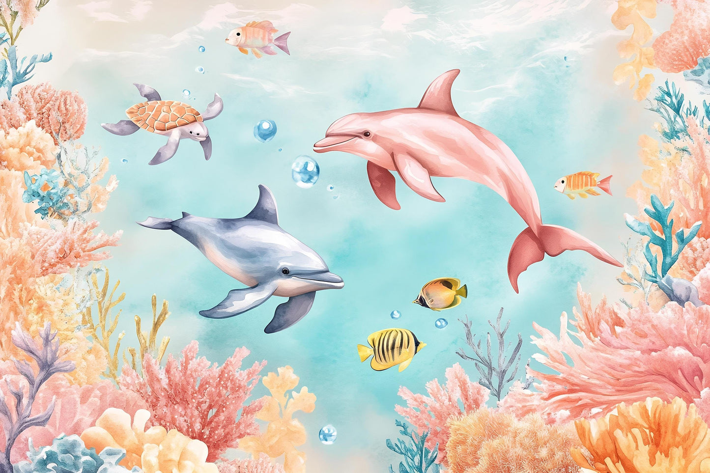 Colorful Dolphin Wall Mural – Ocean Underwater Kids Wallpaper with Fish & Coral Vn985