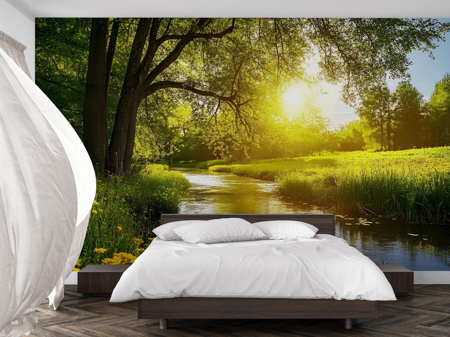 Peaceful Forest River Wall Mural for Bedroom | Tranquil Nature Sunset Wallpaper | Serene Tree Landscape Mural Decor Vn689