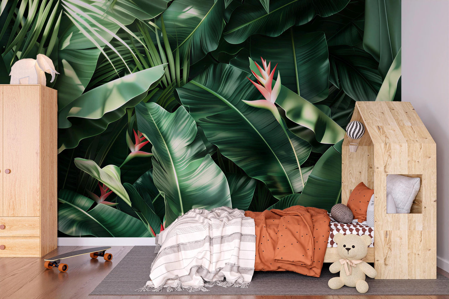 Tropical Jungle Leaf Wall Mural – Bold Green Botanical Wallpaper with Exotic Plants Vn1052