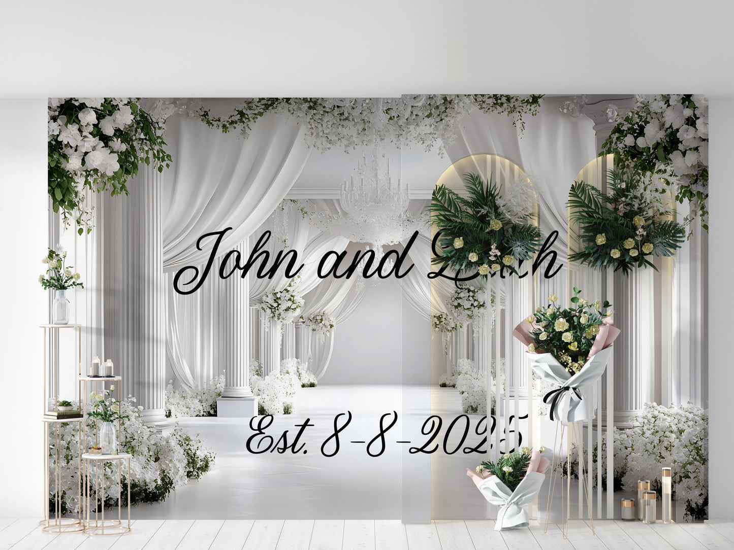 Custom Wedding Welcome Sign | Personalized Elegant White Floral Sign | Couple Name & Date | Wedding Decor Vn509