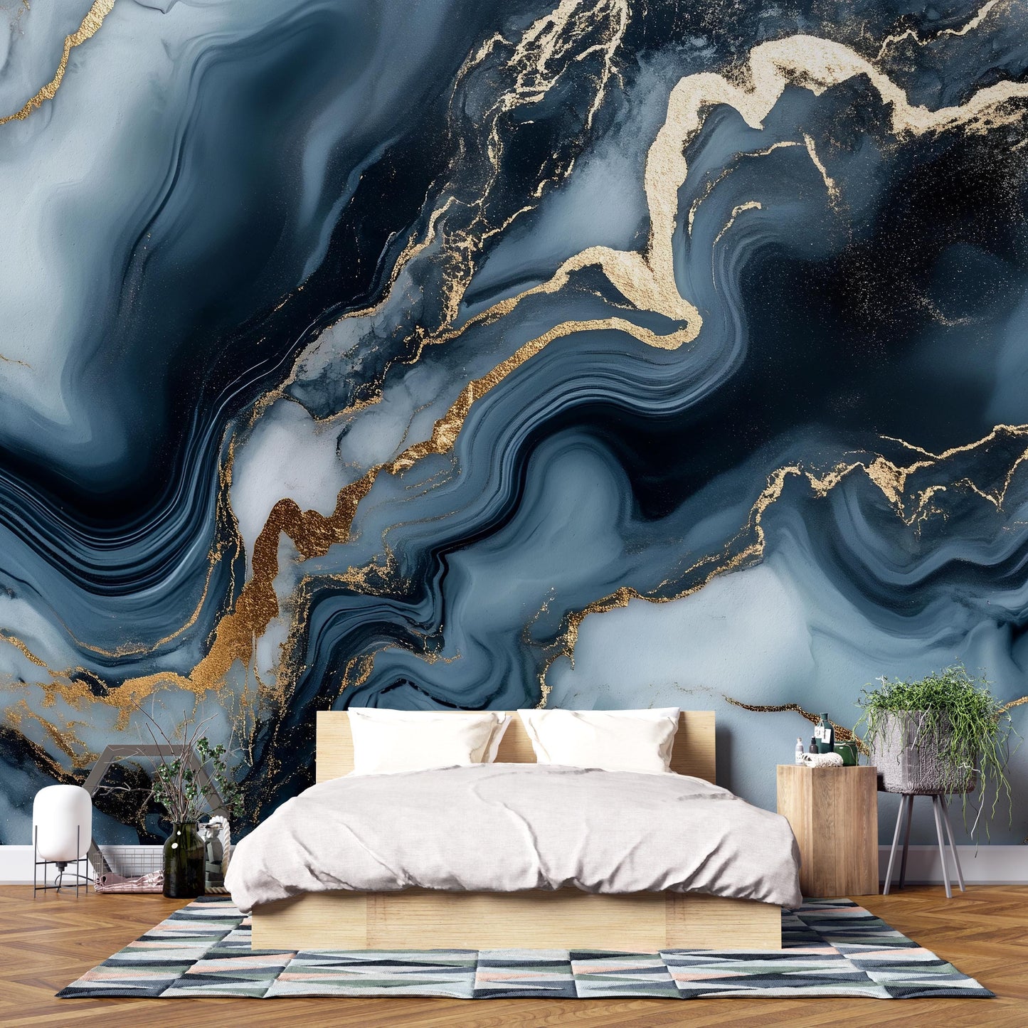 Blue Gold Marble Wall Mural – Abstract Luxury Wallpaper Vn968