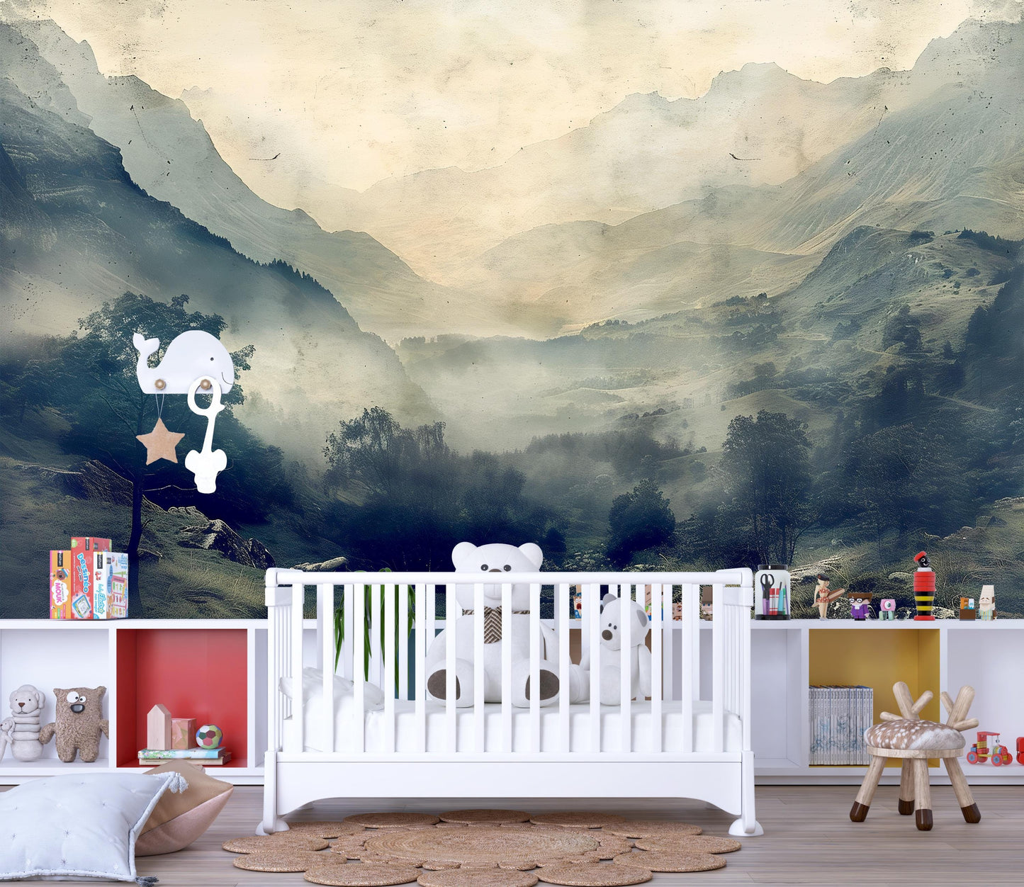 Misty Mountain Valley Wall Mural – Moody Foggy Forest Landscape Wallpaper Vn1009