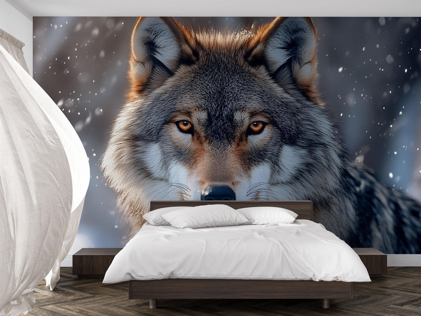 Wolf Wall Mural for Bedroom, Snowy Winter Animal Art, Large Forest Wolf Wallpaper Vn607