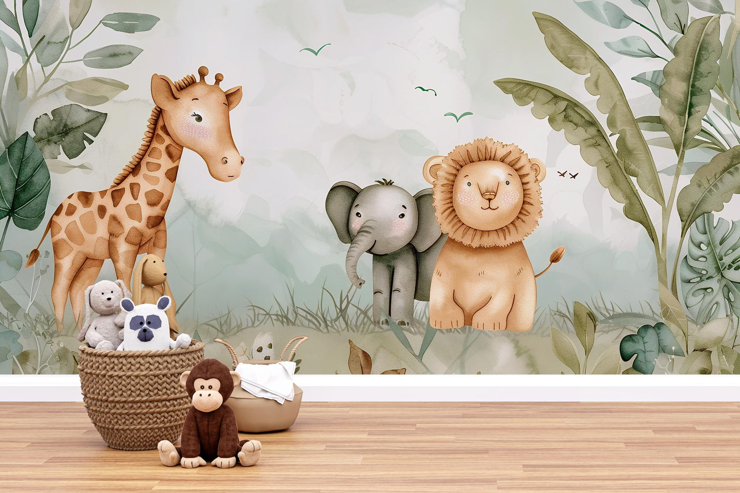 Safari Animal Nursery Mural | Jungle Wallpaper for Kids Room Vn1039