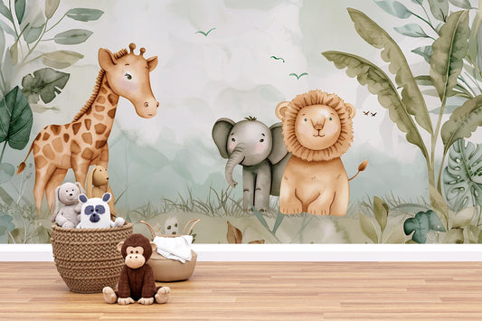 Safari Animal Nursery Mural | Jungle Wallpaper for Kids Room Vn1039
