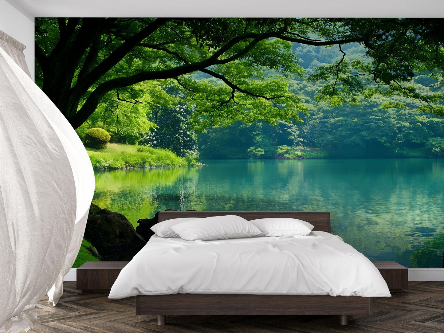 Tranquil Forest Lake Wall Mural – Nature Scenic Wallpaper for Bedroom or Living Room Décor Vn684