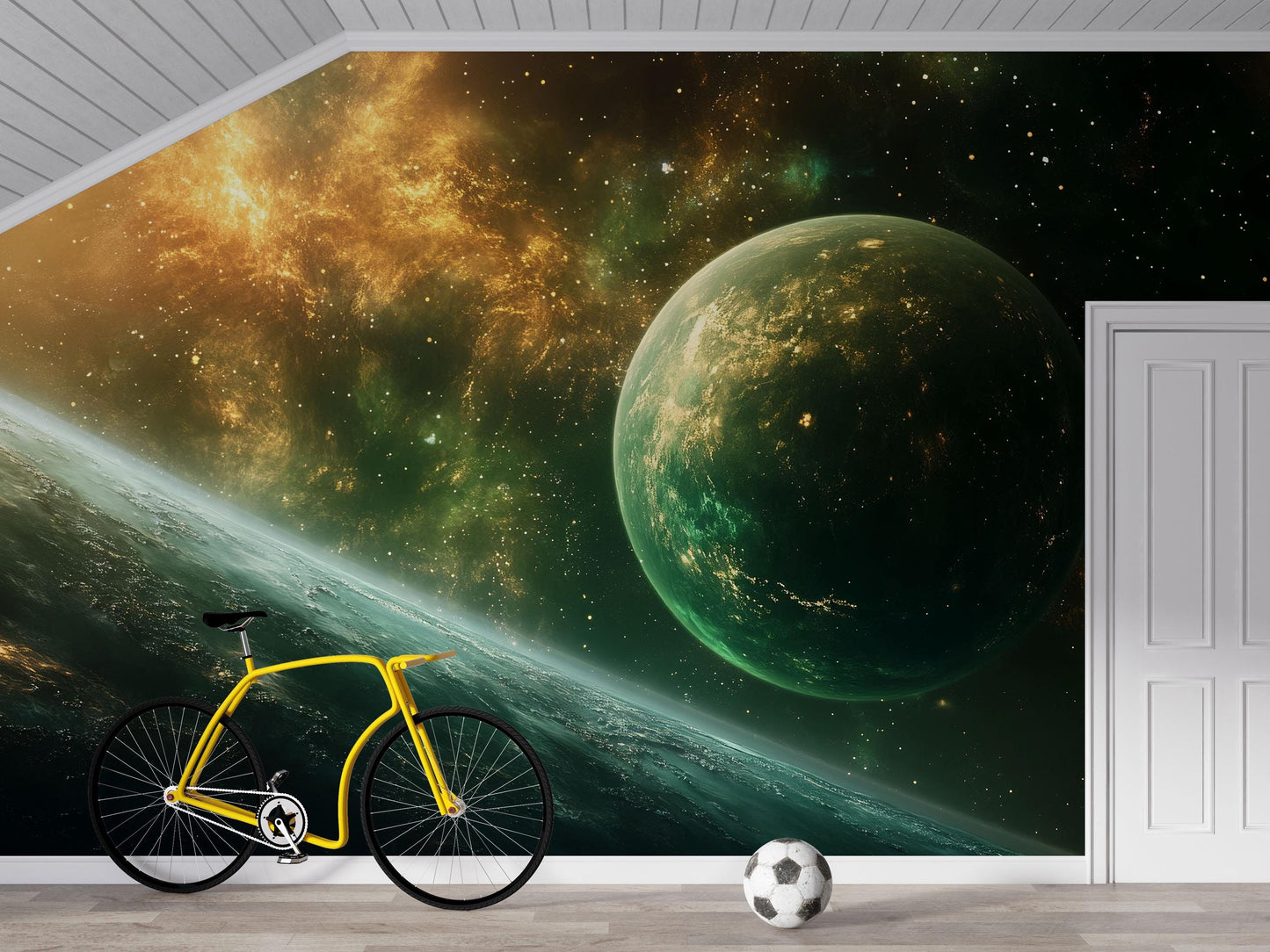 Green Galaxy Wall Mural – Space Planet Wallpaper, Kids Astronomy Room Decor Vn869