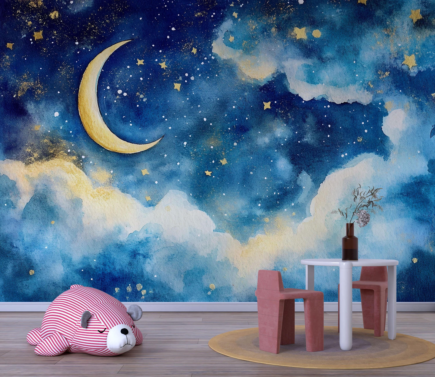 Crescent Moon Wall Mural – Starry Sky Nursery Wallpaper, Dreamy Cloud Accent Wall for Kids Room or Baby Nursery Vn855
