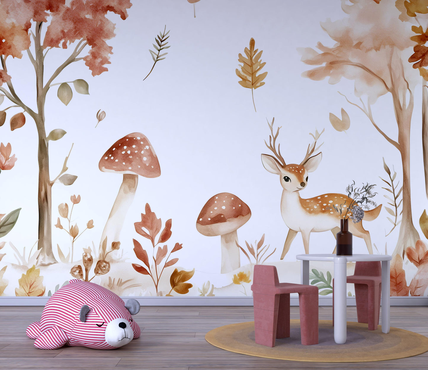 Woodland Deer Wall Mural - Nursery Forest Wallpaper - Cute Animal Kids Room Decor - Autumn Nature Scene Vn500
