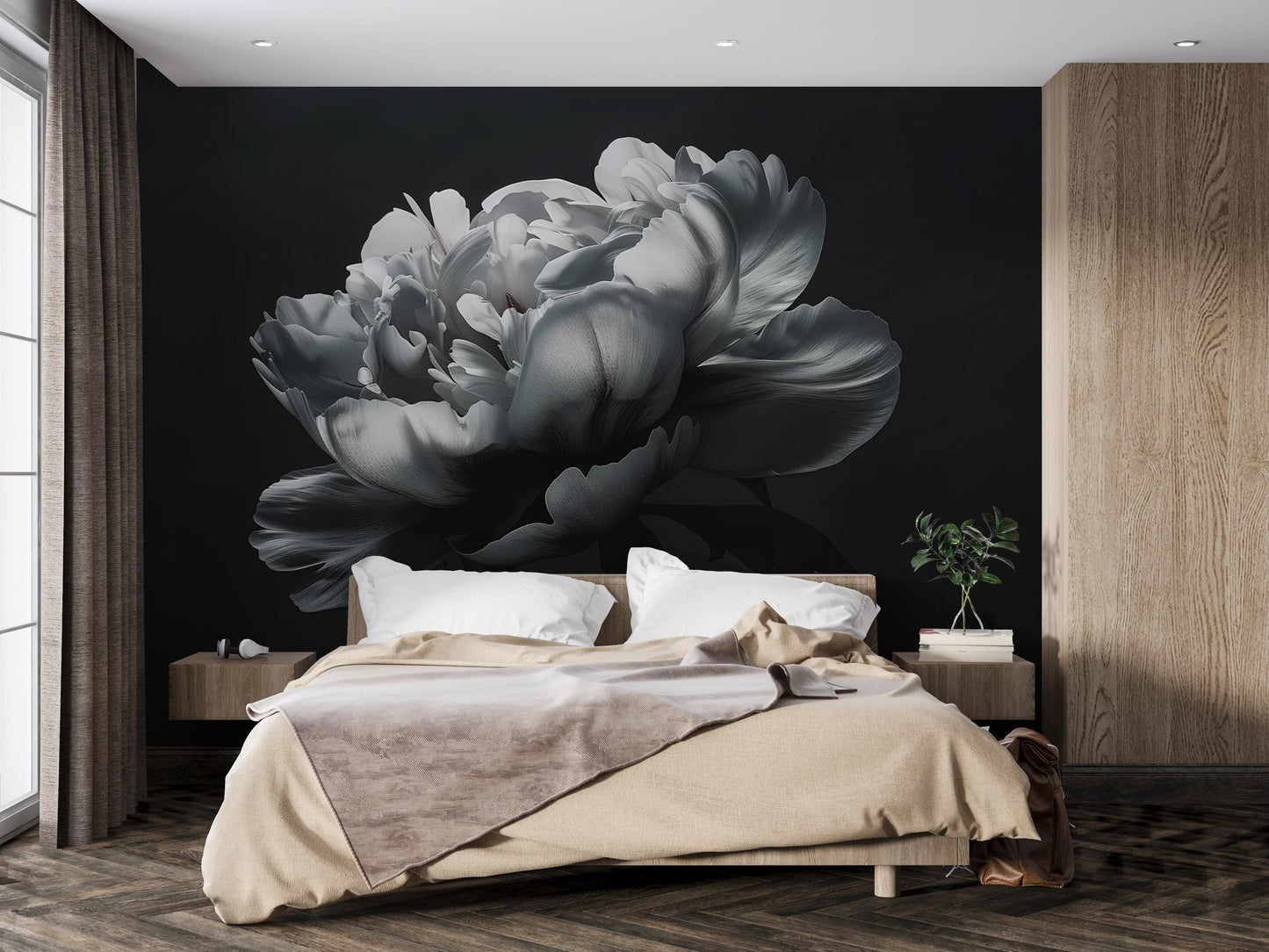Black and White Peony Wall Mural – Large Dark Floral Wallpaper for Bedroom Accent Wall Vn1050