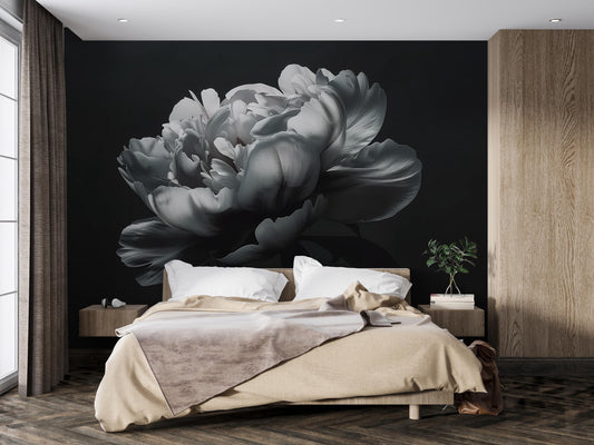 Black and White Peony Wall Mural – Large Dark Floral Wallpaper for Bedroom Accent Wall Vn1050