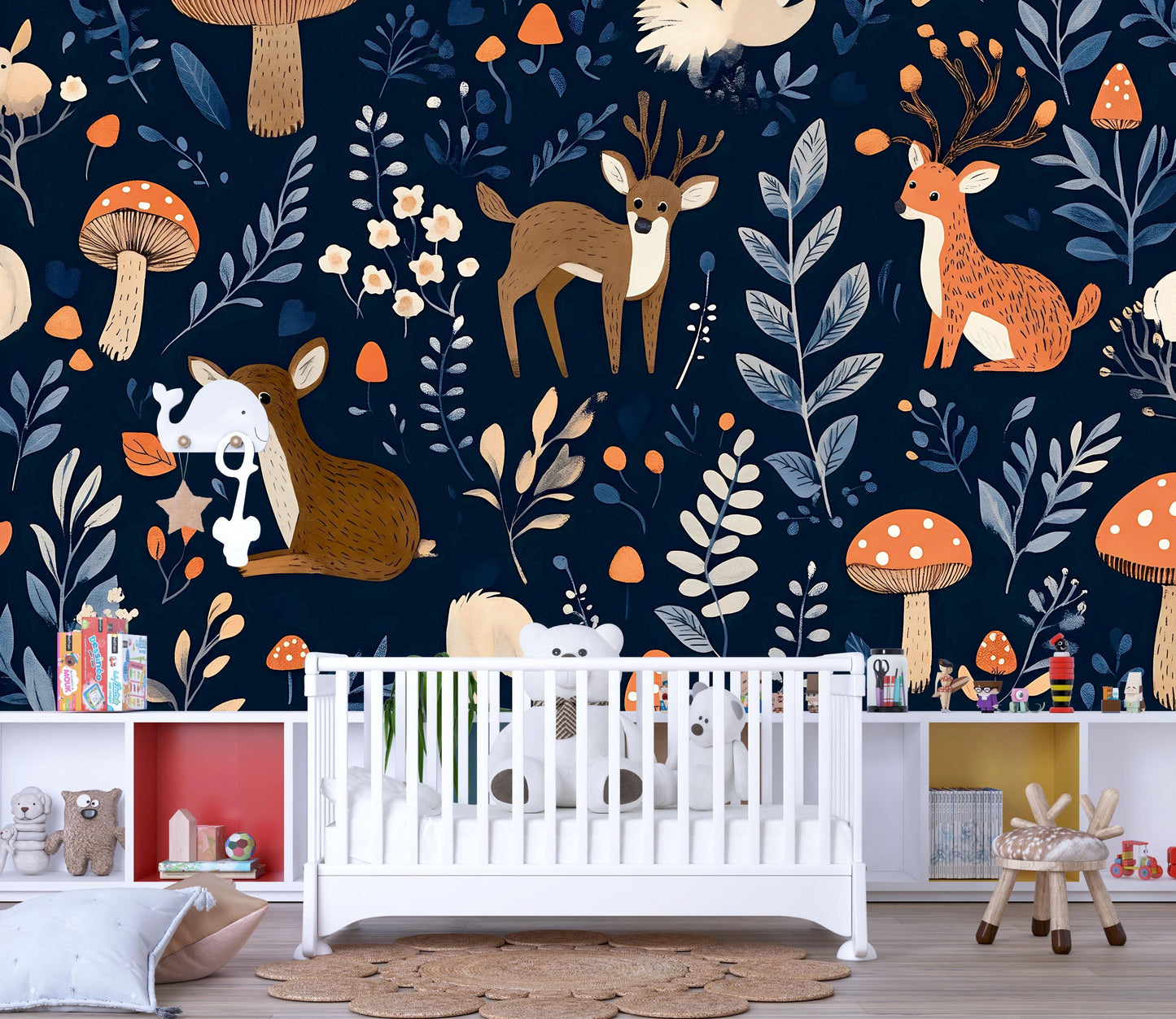Woodland Nursery Wallpaper – Forest Animal Wall Mural – Kids Room Deer & Mushroom Decor – Removable Peel and Stick Wallpaper Vn724