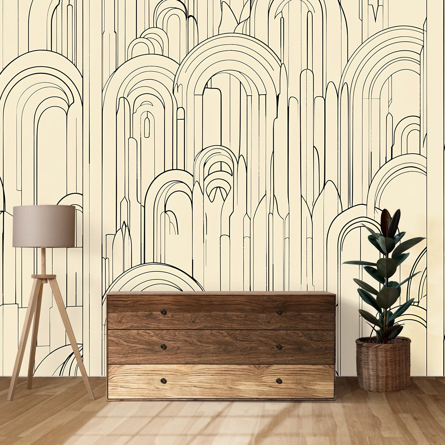 Beige Arch Line Wallpaper – Modern Geometric Wall Mural Vn1095