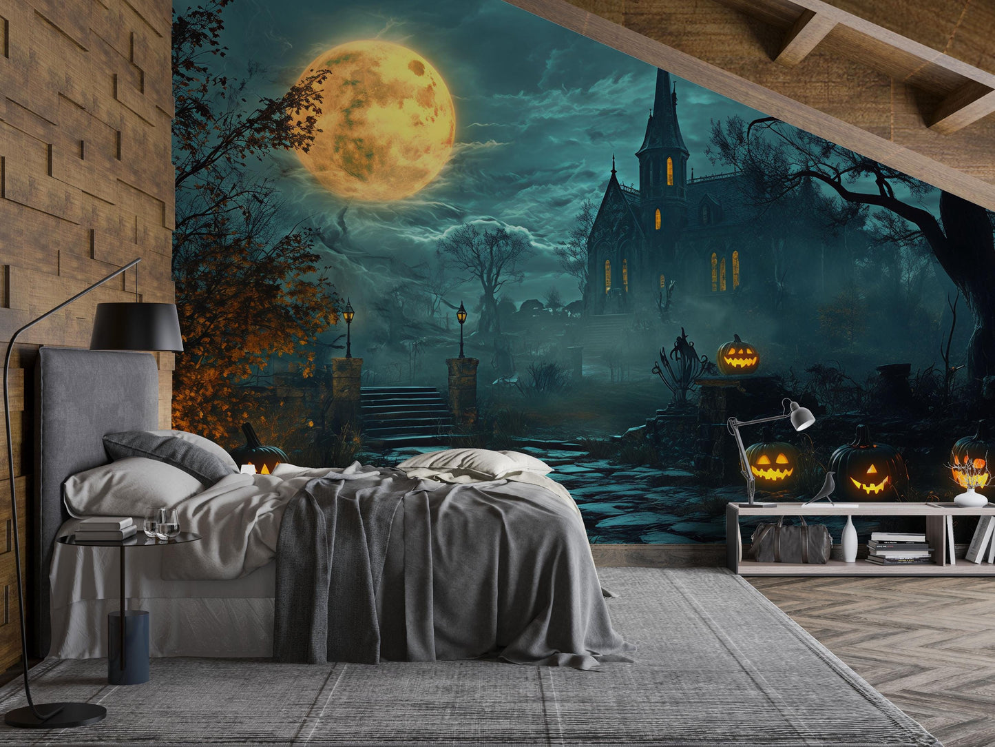 Haunted Church Halloween Wall Mural – Spooky Full Moon and Jack-o’-Lantern Wallpaper Vn790