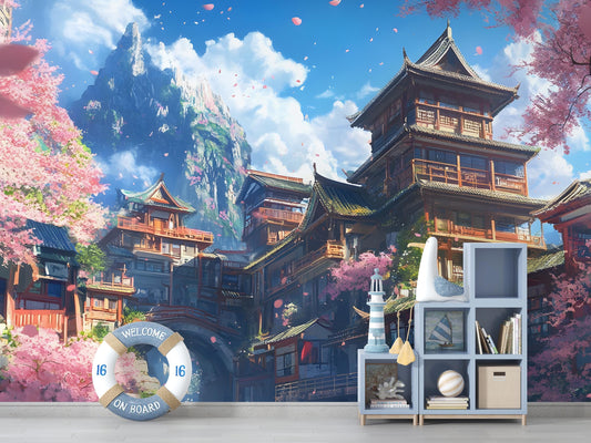 Japanese Temple Wall Mural | Cherry Blossom Art | Fantasy Mountain Wallpaper Vn029