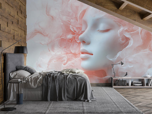 Dreamy Face Wall Mural – Ethereal Pink Smoke Art, Feminine Abstract Bedroom Decor Vn270