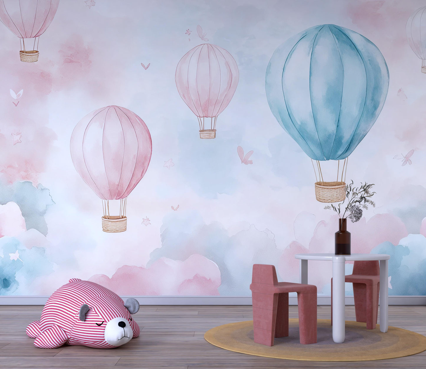 Hot Air Balloon Mural – Pink Blue Cloud Wallpaper Kids Nursery Wall Decor Vn996