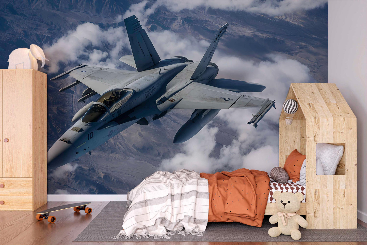 Jet Fighter Wall Mural – Realistic Military Aircraft Wallpaper for Boys Room, Aviation Decor, Pilot Gift, Removable Vinyl Art Vn459