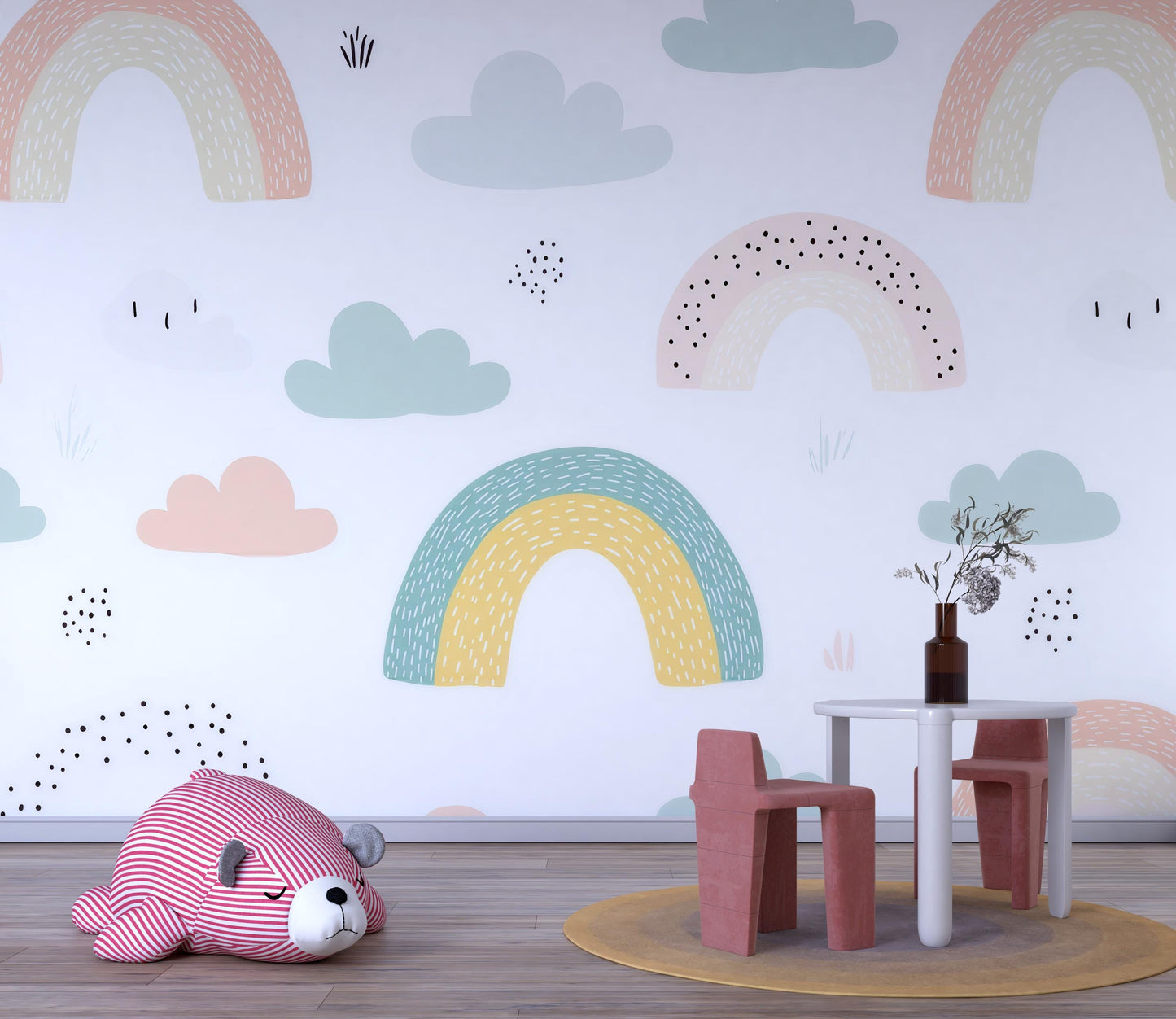 Pastel Rainbow Wall Mural – Kids Room Wallpaper with Cute Clouds for Nursery Decor Vn982