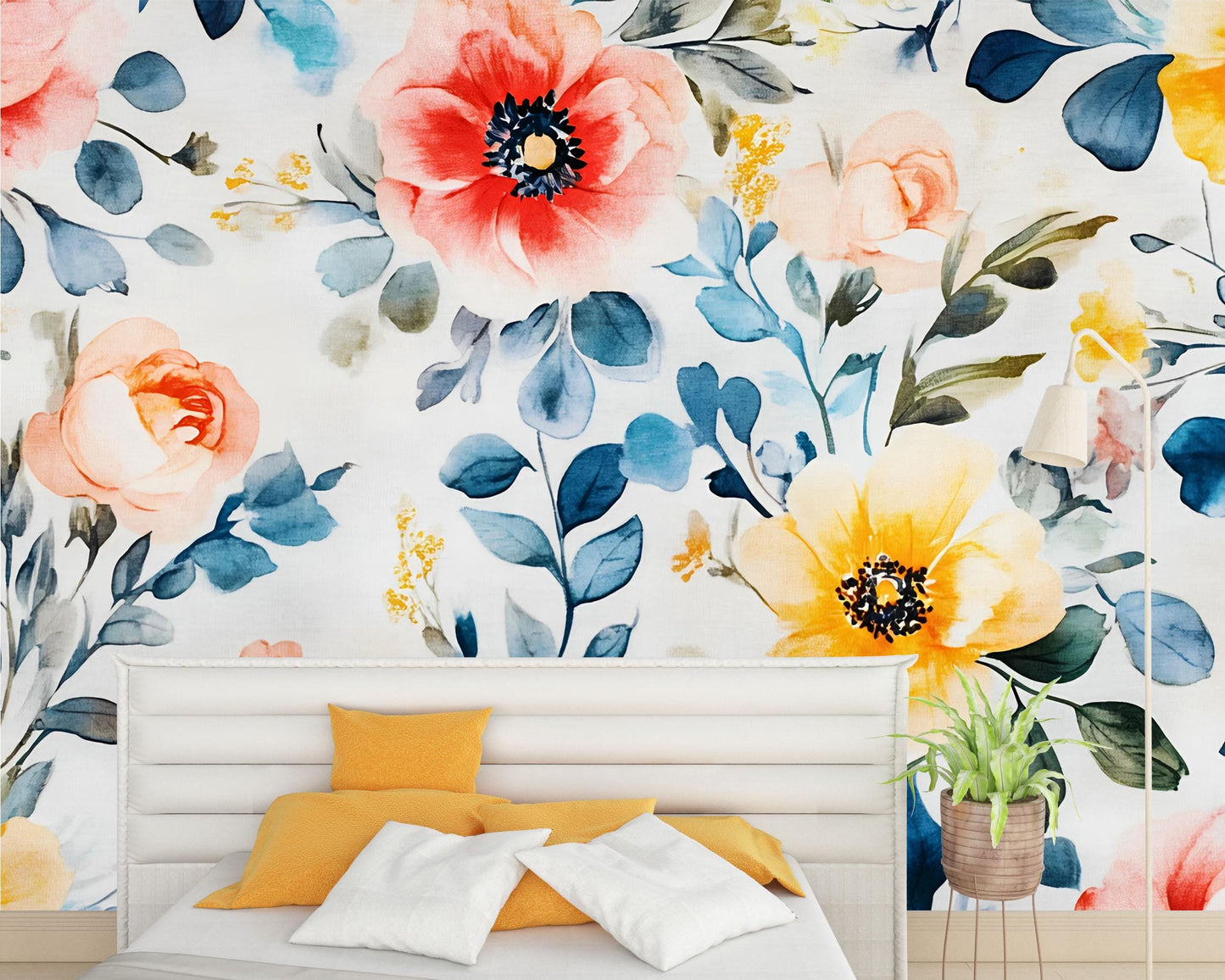 Watercolor Floral Wall Mural – Large Bold Botanical Wallpaper – Colorful Flower Bedroom Accent Wall Art – Peel & Stick or Removable Vn644
