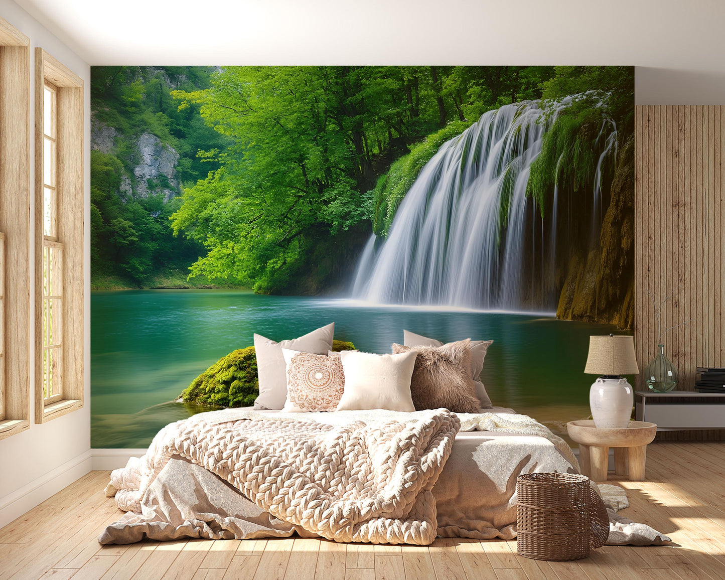 Waterfall Forest Wall Mural – Nature Bedroom Decor – Scenic Waterfall Wallpaper – Tranquil Green Landscape Mural Vn694