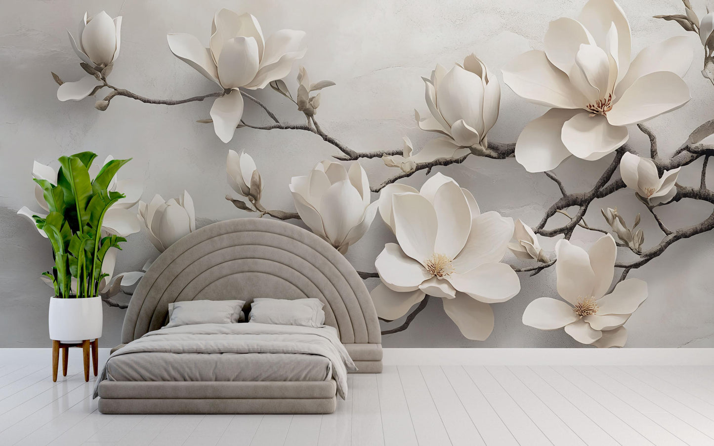 White Magnolia Flower Mural – 3D Effect Botanical Wall Art for Bedroom or Living Room Vn767