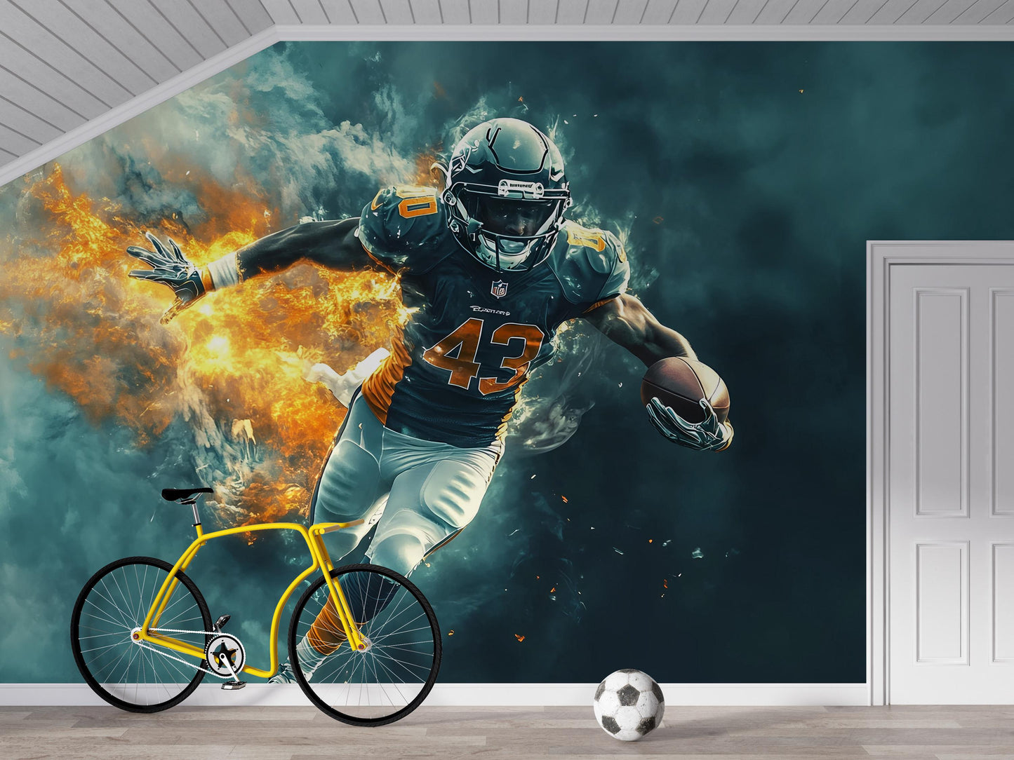 Football Player Wall Mural for Kids Room – Sports Theme Boys Room Decor – Dynamic Athlete Art Print – Removable Wallpaper Vn527