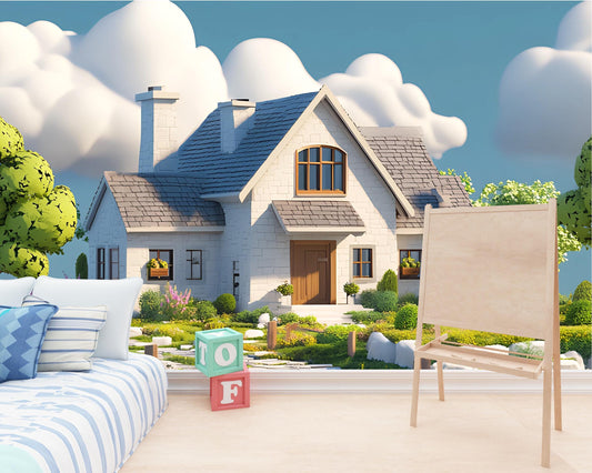 Whimsical Cottage Wall Mural for Kids Room – Cozy Fantasy House with Trees & Clouds Vn243