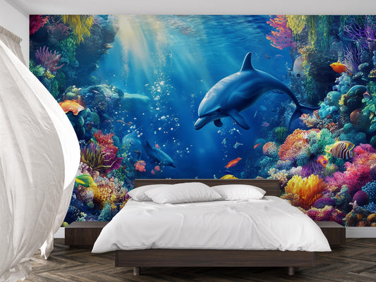 Underwater Ocean Wall Mural – Dolphin Coral Reef Wallpaper – 3D Sea Life Decor for Bedroom or Kids Room Vn253