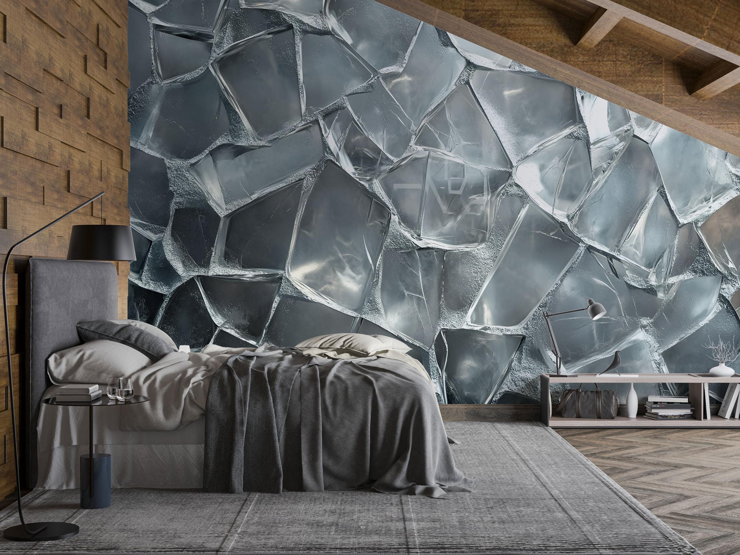 3D Ice Wall Mural for Bedroom, Cool Modern Wall Art, Textured Frozen Ice Wallpaper, Abstract Blue Grey Wall Décor Vn726