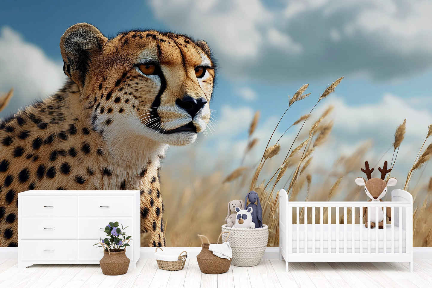 Cheetah in Grassland Wall Mural – Realistic Wildlife Safari Wallpaper for Nursery or Bedroom Vn781