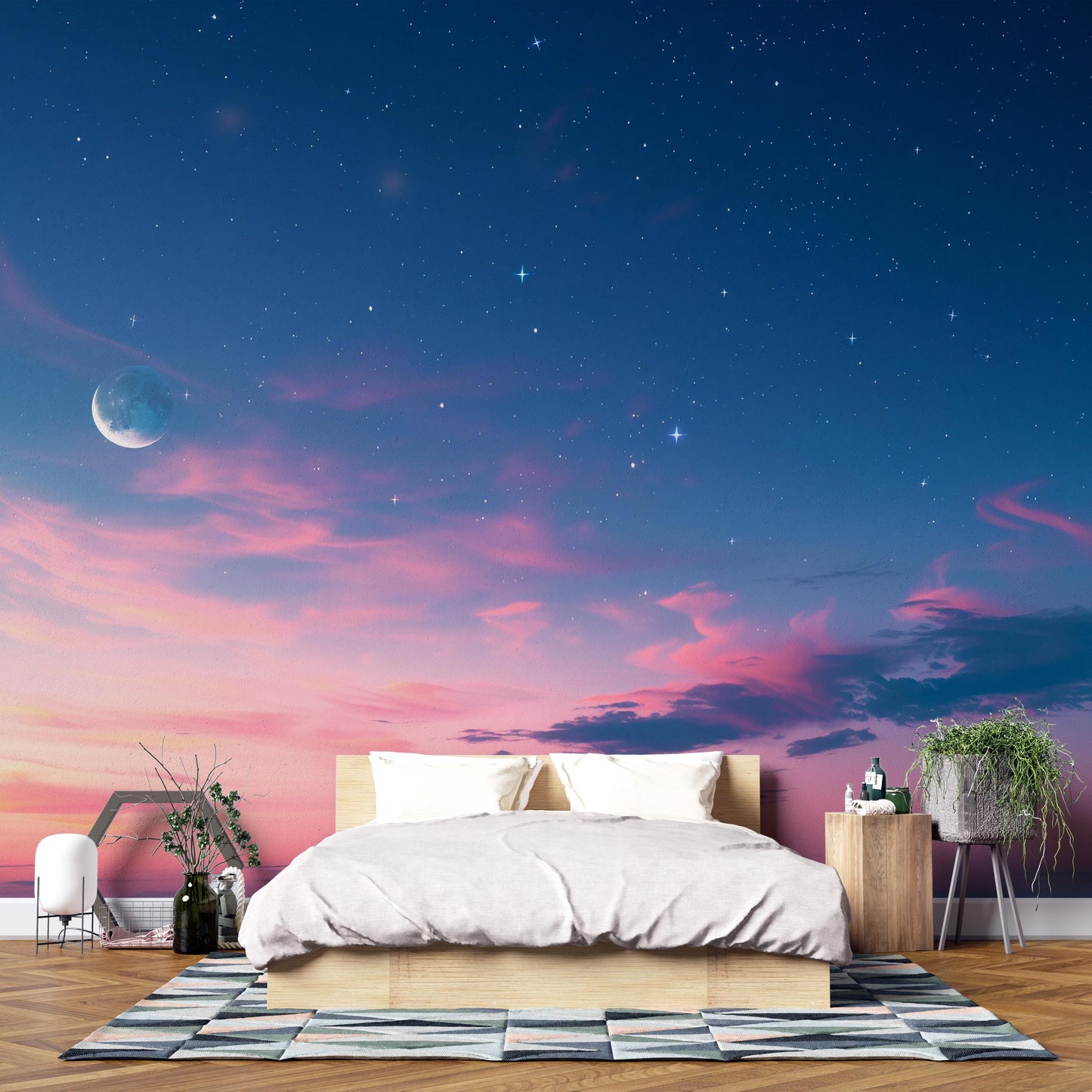 Moonlight Sky Wall Mural – Pink Sunset Clouds & Starry Night Wallpaper, Celestial Accent Wall Decor for Bedroom or Living Room Vn1079