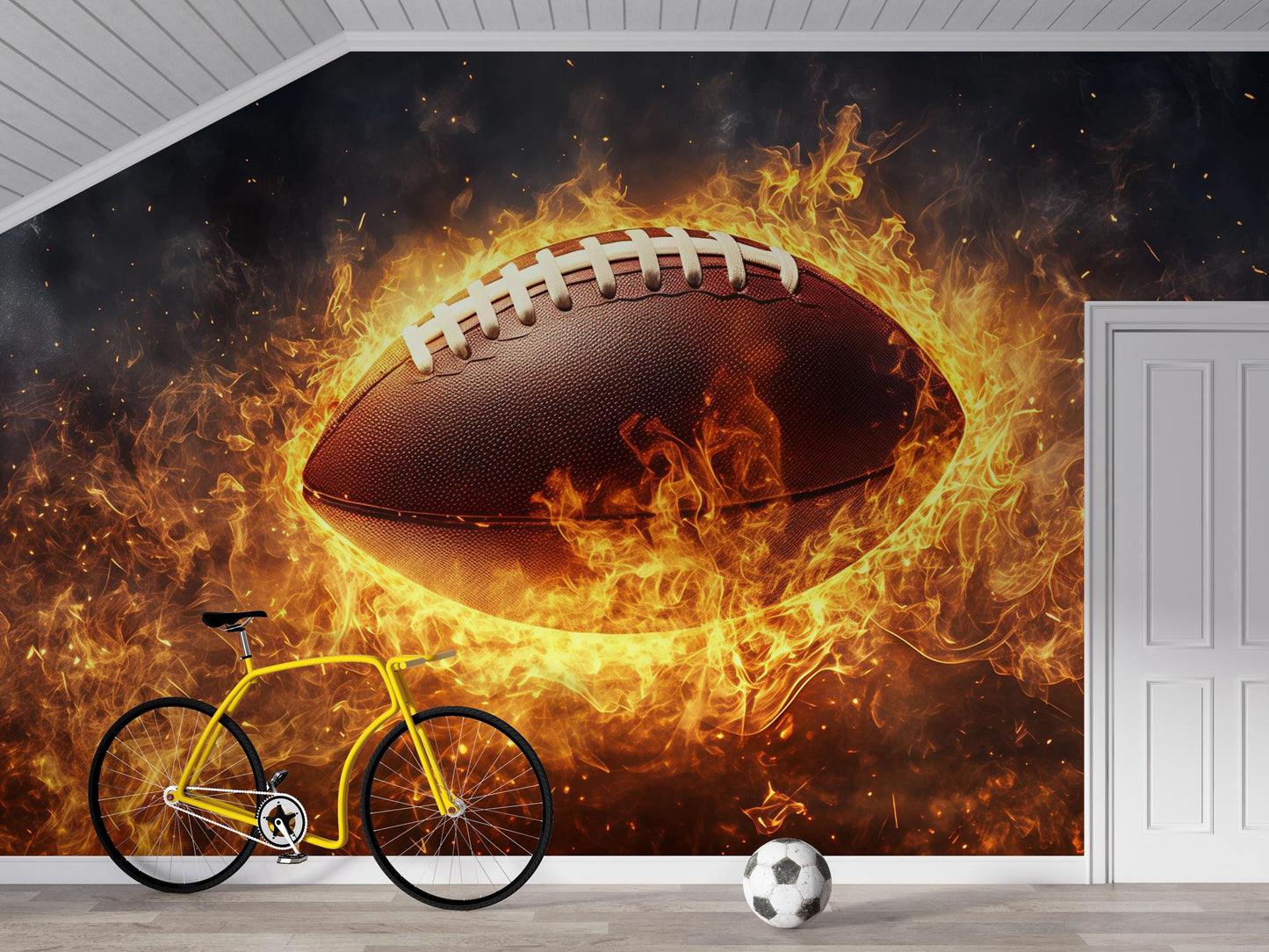American Football Wall Mural – Flaming Sports Wallpaper for Boys Room & Man Cave Decor Vn879