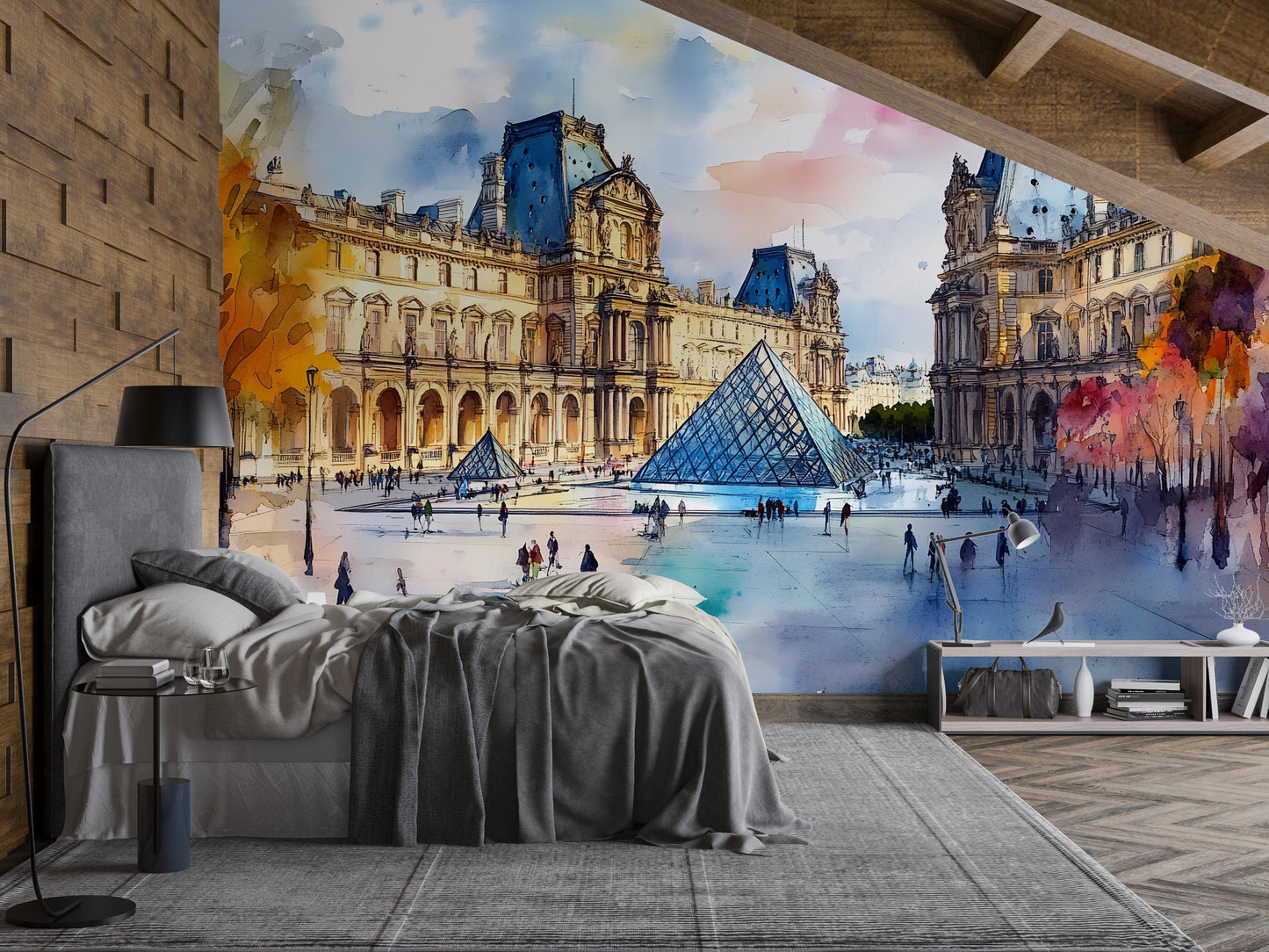 Louvre Paris Watercolor Wall Mural – Pyramid & Museum Wallpaper Vn934