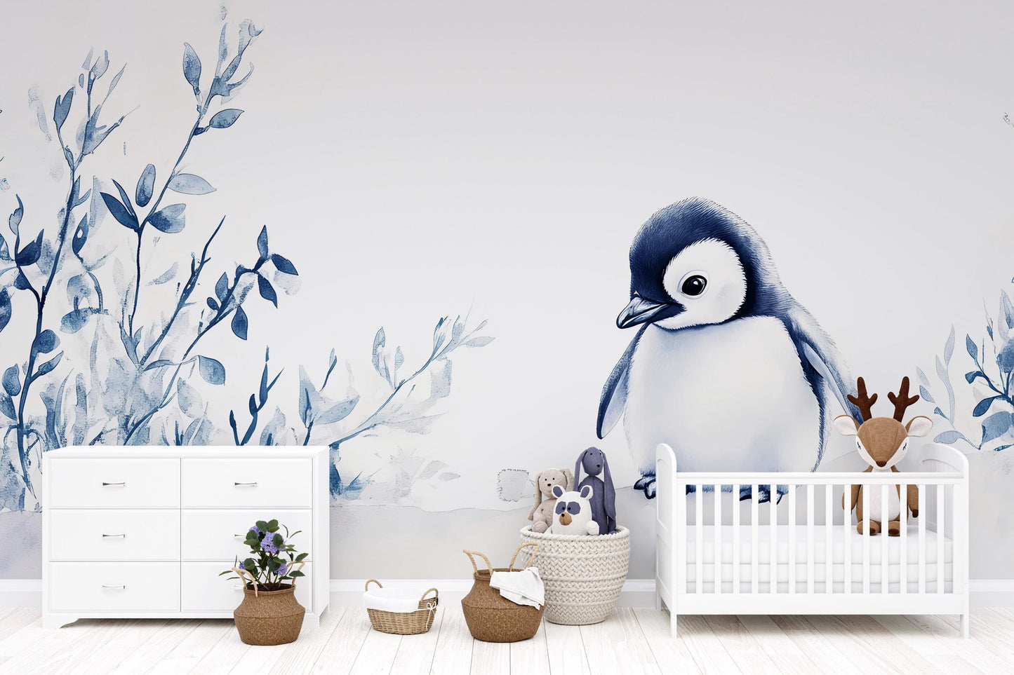 Penguin Nursery Wall Mural | Blue Baby Room Wallpaper | Arctic Animal Nursery Decor | Gender Neutral Nursery Art | Winter Baby Room Vn519