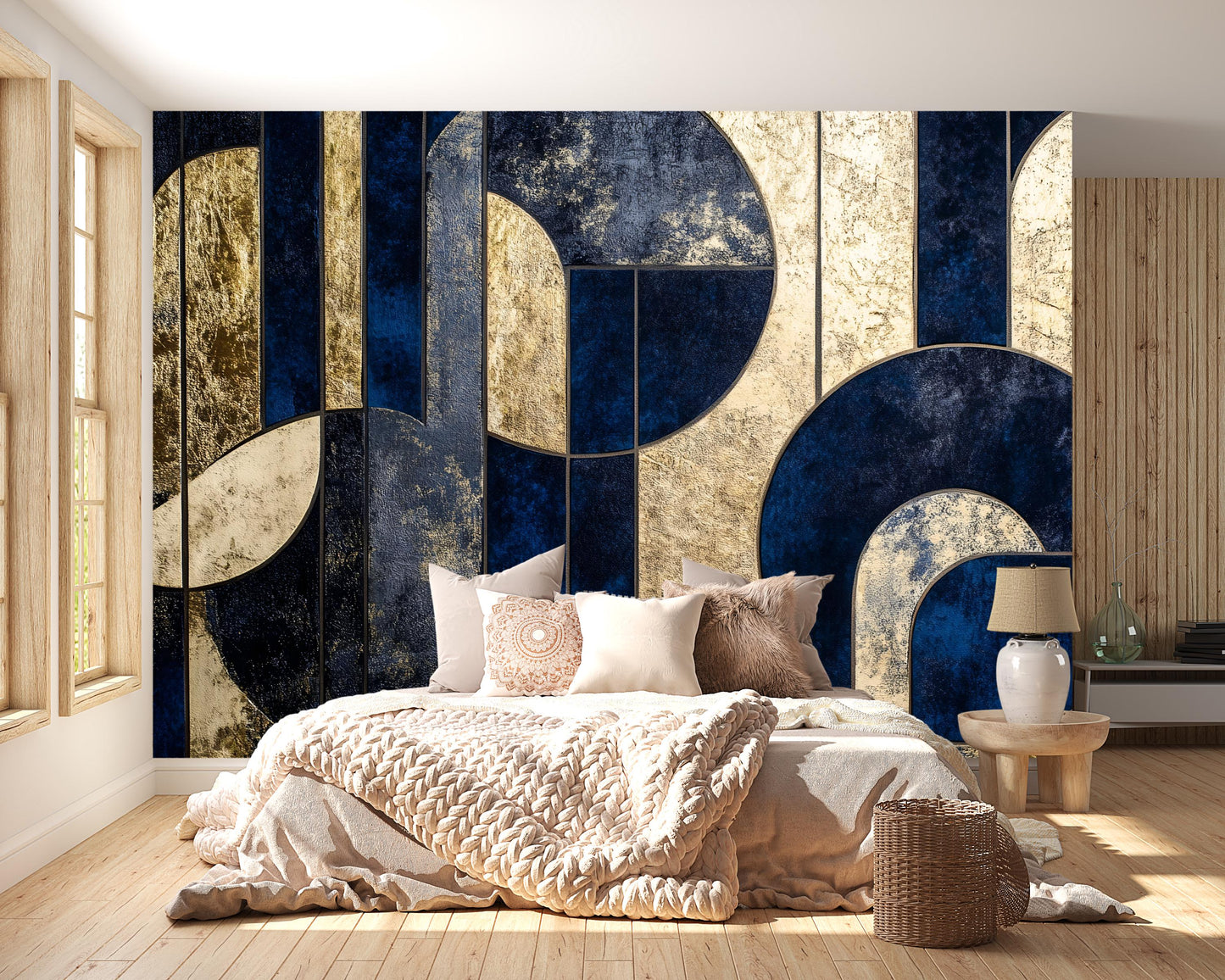 Navy Gold Geometric Wall Mural – Luxury Art Deco Wallpaper Vn961