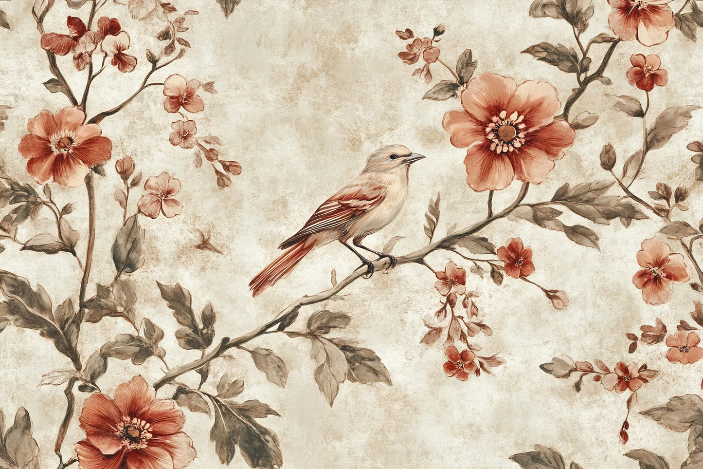 Vintage Bird Mural – Rustic Floral Botanical Wallpaper Wall Art Vn1000