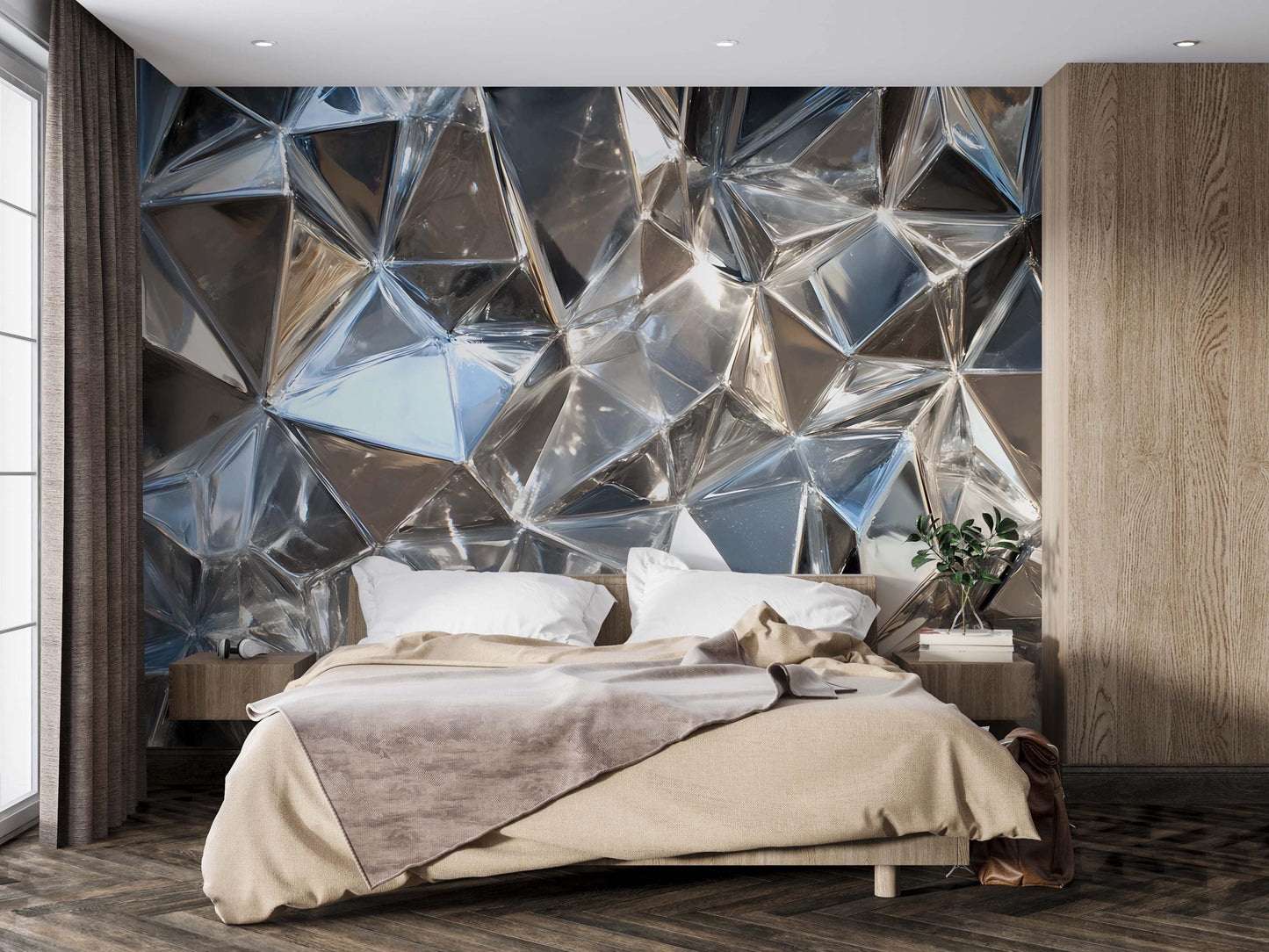 Modern 3D Geometric Metallic Wall Mural, Silver Chrome Crystal Pattern, Luxury Abstract Wallpaper for Bedroom & Living Room Vn748